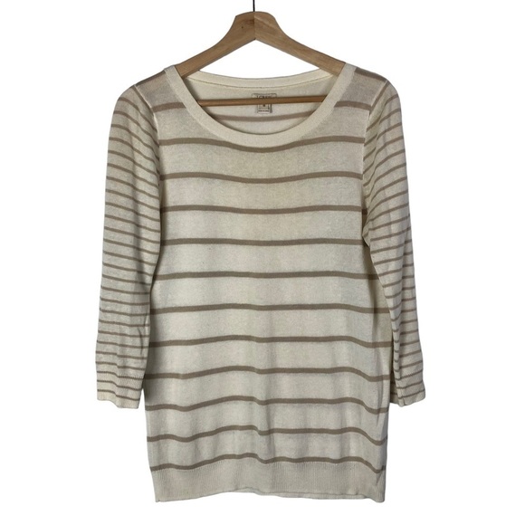 J. Crew Ivory & Beige Linen Stripe Round Neckline Lightweight Sweater M - Picture 1 of 3